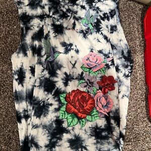 YoungLA Black and White Tie-Dye Tank Top with Floral Design